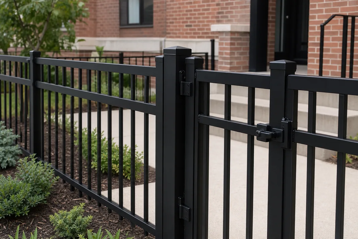 Aligned black aluminum fence and gate hardware at a Chicago brick home