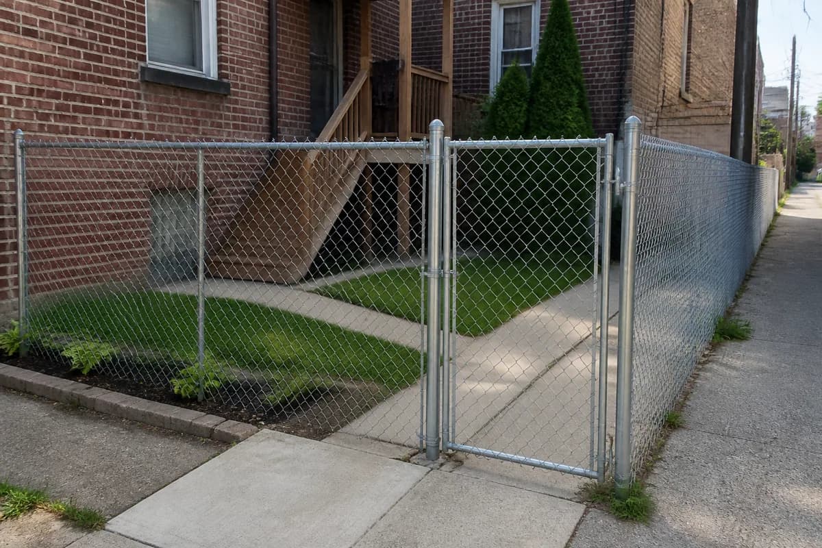 Galvanized chain-link fence and walk gate at a compact Chicago brick home
