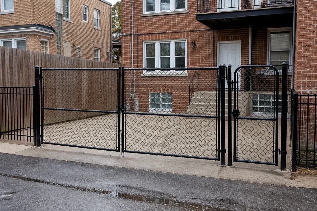 Black chain-link driveway gates and walk gate opening onto a Chicago alley