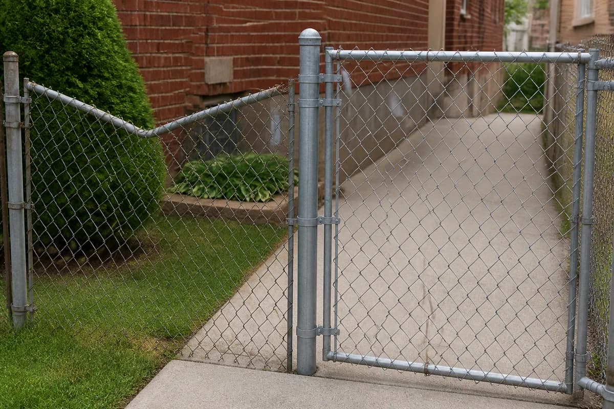 Damaged chain-link fence section beside an aligned gate at a Chicago home