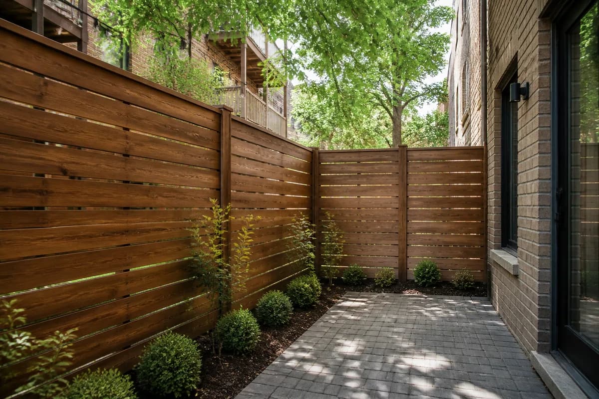 Horizontal wood privacy fence screening a narrow Chicago backyard patio