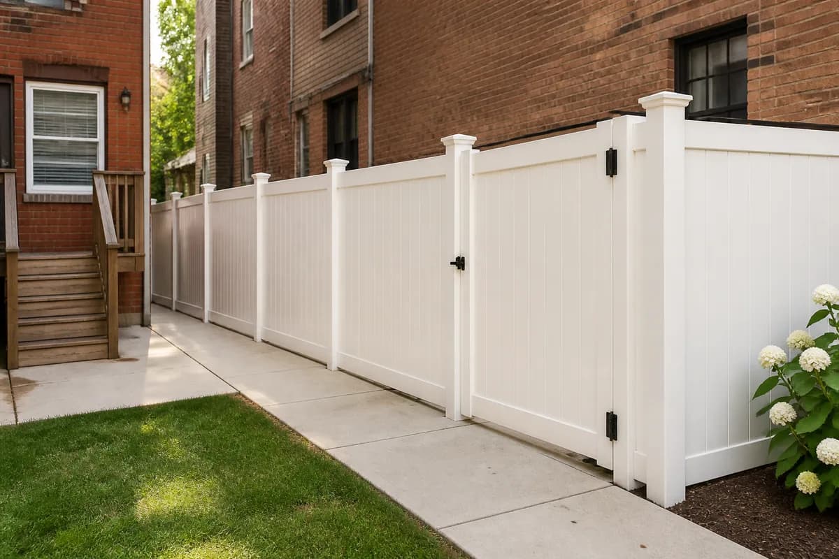 White vinyl privacy fence and gate along a narrow Chicago residential yard