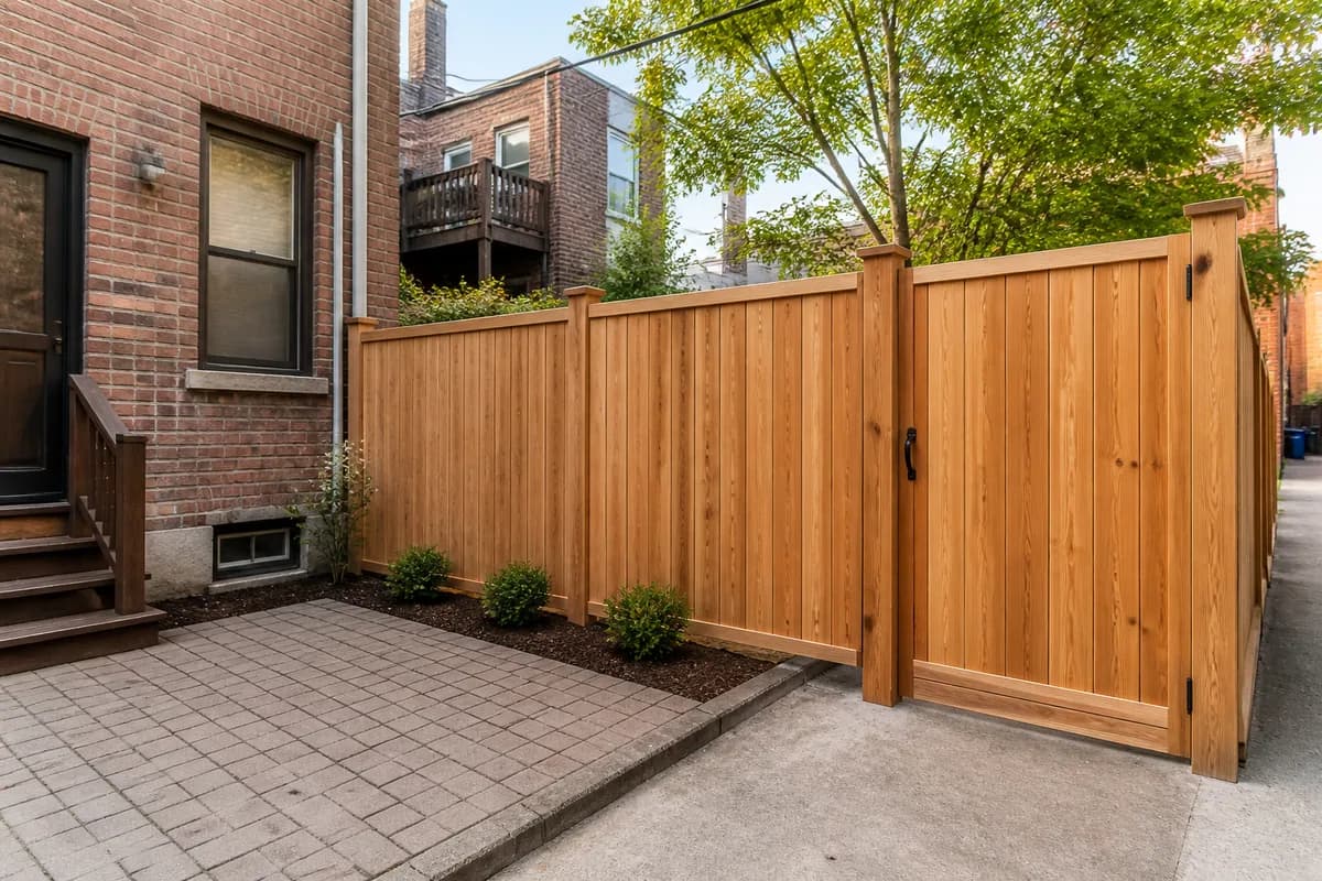 New cedar wood fence and matching gate beside a Chicago brick home