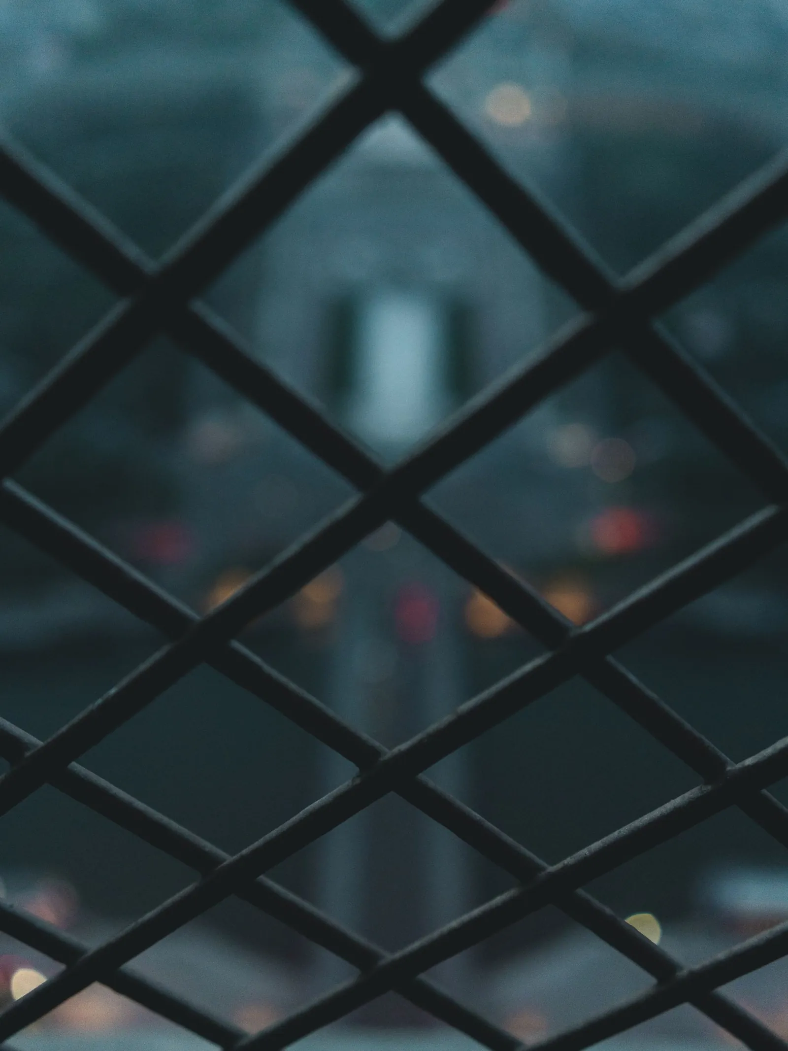 Close view of chain-link mesh with soft city lights beyond